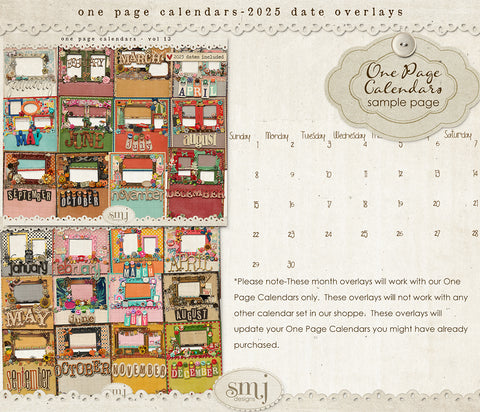 One Page Calendars 2025 Month Overlays